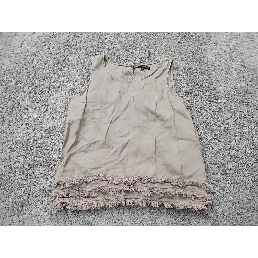 For Cynthia Top Womens PM PETITES Beige Sleeveless Layered Fringe Trim Linen